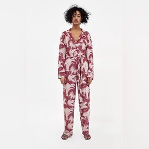 Zara Floral Jacquard Jumpsuit Red Pink‎ Long Sleeve Pajama Style Size M